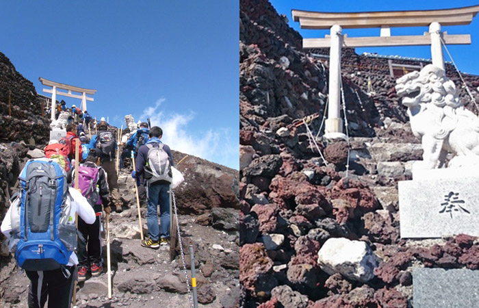右：登山シーズン中の同地 / 左：崩れた石積で塞がった登山道