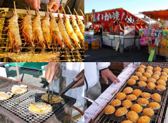 大きな貝殻に山盛りに乗せたウニを焼いたうにの貝殻焼きが500円!露天がイロイロ